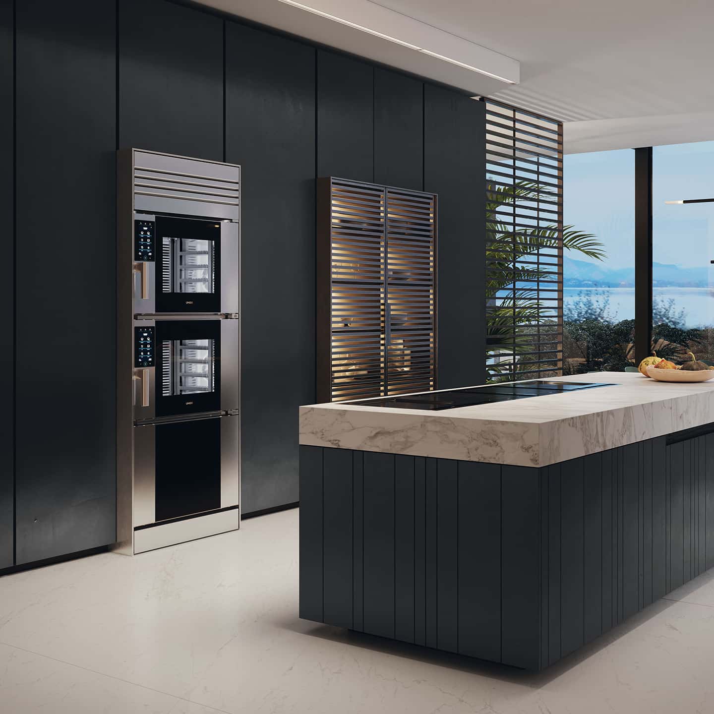 Unox Casa smart ovens in an elegant luxury kitchen overlooking Lake Maggiore